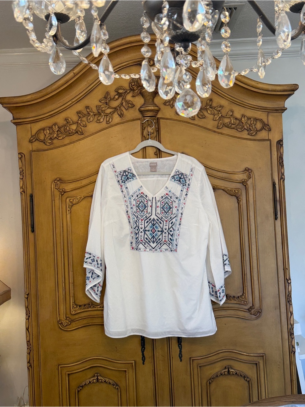 Chico's White Tunic with Blue & Pink Embroidered Panel